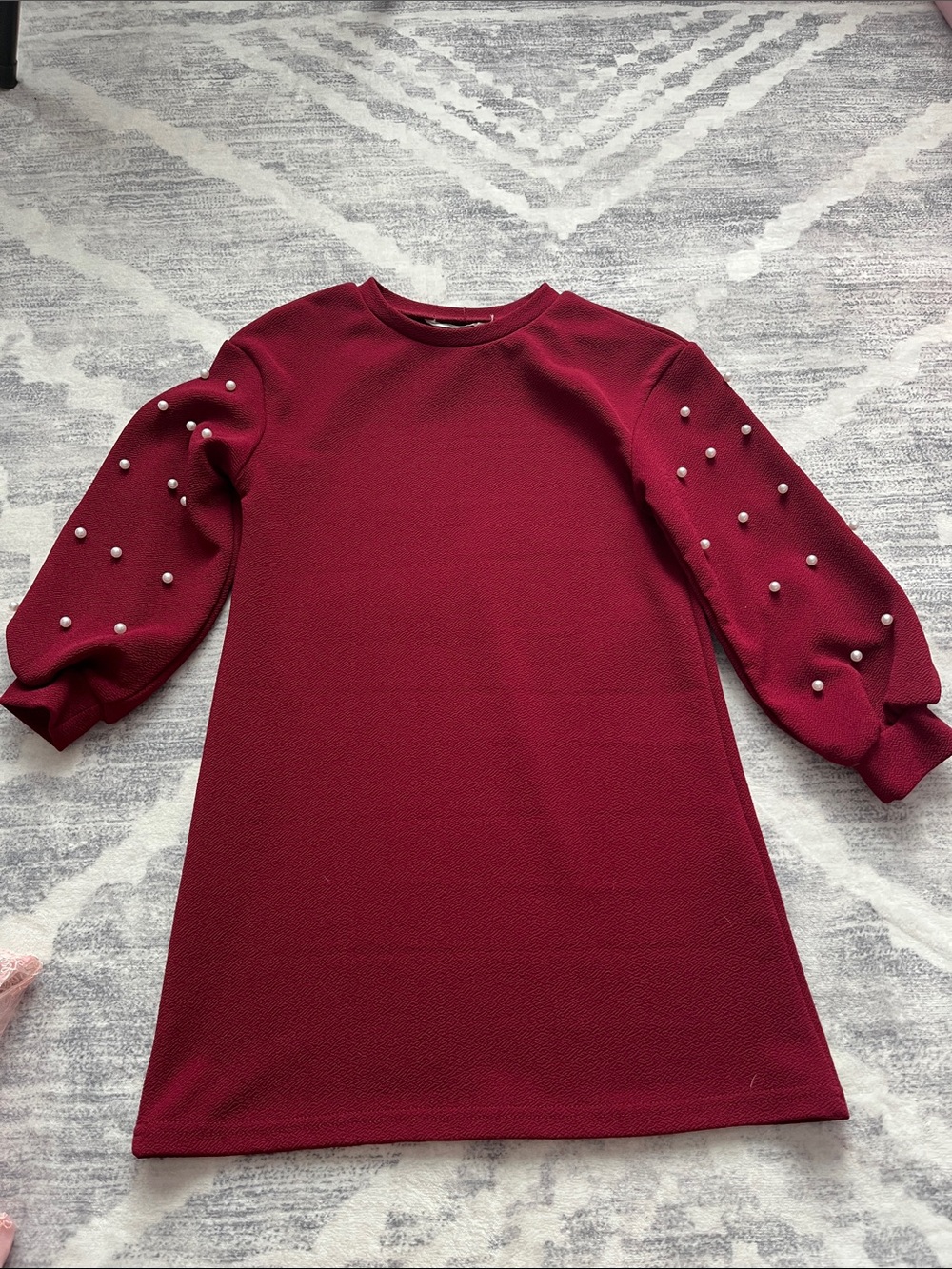 SHEIN Wine Red Pearl-Trim Puff Sleeve Dress